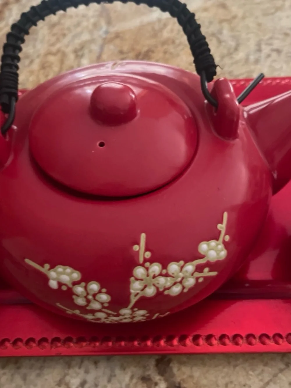 Rare Antique Red Teapot and Cups Set